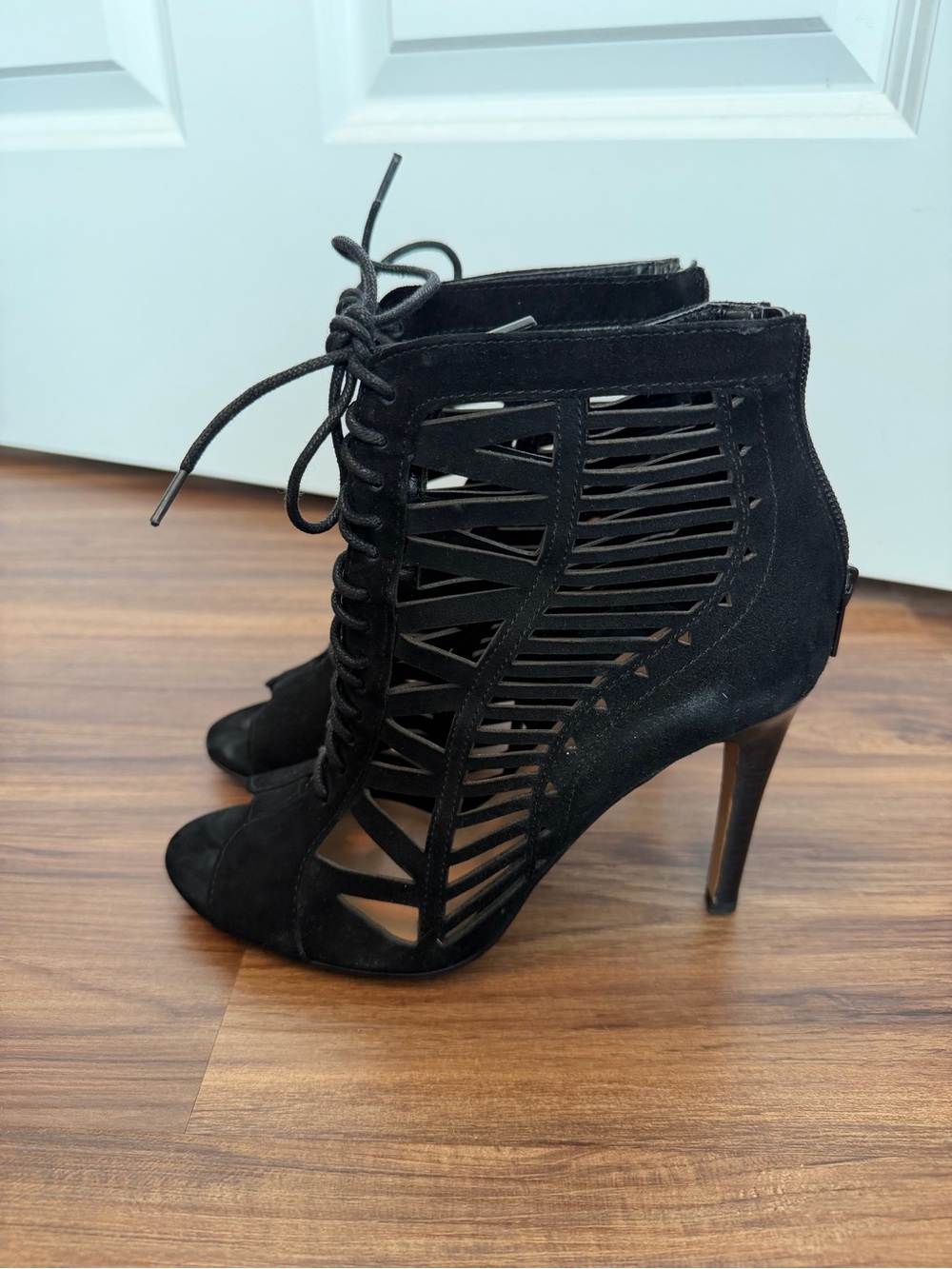 Black Lace-Up Cutout Peep-Toe Heels